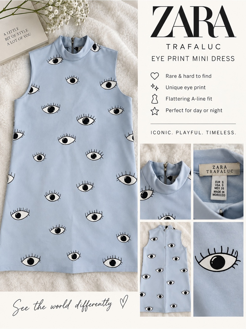 Zara Light Blue Eye-Print Sleeveless Mini Dress